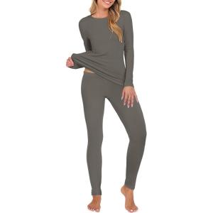 ANRABESS Thermal Underwear for Women Long Johns Fleece Lined Base Layer Pajama Set Cold Weather Top Bottom Winter Clothing(Olive Gray)