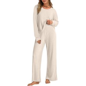 ANRABESS Women 2 Piece Lounge Pajamas Sets Casual Ribbed Knit Long Sleeve Top Pants Matching Set 2025 Fall Outfits Clothes(Beige)