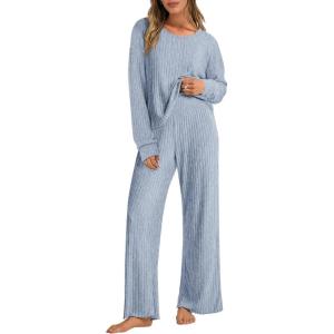 ANRABESS Women 2 Piece Lounge Pajamas Sets Casual Ribbed Knit Long Sleeve Top Pants Matching Set 2025 Fall Outfits Clothes(Blue)
