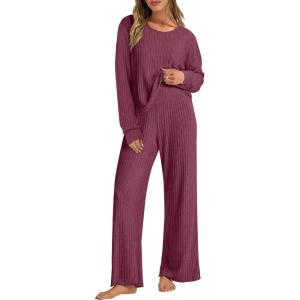 ANRABESS Women 2 Piece Lounge Pajamas Sets Casual Ribbed Knit Long Sleeve Top Pants Matching Set 2025 Fall Outfits Clothes(Dark Red)