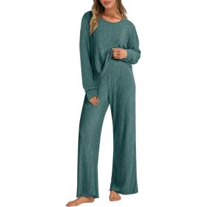 ANRABESS Women 2 Piece Lounge Pajamas Sets Casual Ribbed Knit Long Sleeve Top Pants Matching Set 2025 Fall Outfits Clothes(Green)