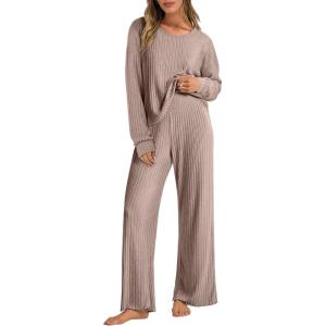ANRABESS Women 2 Piece Lounge Pajamas Sets Casual Ribbed Knit Long Sleeve Top Pants Matching Set 2025 Fall Outfits Clothes(Khaki)