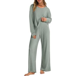 ANRABESS Women 2 Piece Lounge Pajamas Sets Casual Ribbed Knit Long Sleeve Top Pants Matching Set 2025 Fall Outfits Clothes(Light Green)