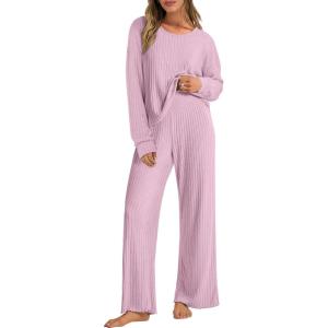 ANRABESS Women 2 Piece Lounge Pajamas Sets Casual Ribbed Knit Long Sleeve Top Pants Matching Set 2025 Fall Outfits Clothes(Pink)
