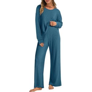 ANRABESS Women 2 Piece Lounge Pajamas Sets Casual Ribbed Knit Long Sleeve Top Pants Matching Set 2025 Fall Outfits Clothes(Teal)