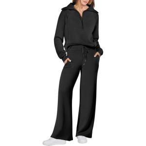 ANRABESS Women 2 Piece Outfits 2025 Fall Fashion Airport Wide Leg Pants Lounge Set Leisure Travel Vacation Clothes Sweatsuits(Black)