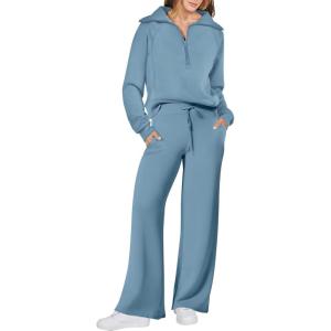 ANRABESS Women 2 Piece Outfits 2025 Fall Fashion Airport Wide Leg Pants Lounge Set Leisure Travel Vacation Clothes Sweatsuits(Blue)