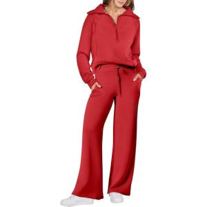 ANRABESS Women 2 Piece Outfits 2025 Fall Fashion Airport Wide Leg Pants Lounge Set Leisure Travel Vacation Clothes Sweatsuits(Bright Red)