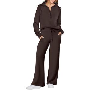 ANRABESS Women 2 Piece Outfits 2025 Fall Fashion Airport Wide Leg Pants Lounge Set Leisure Travel Vacation Clothes Sweatsuits(Coffee)