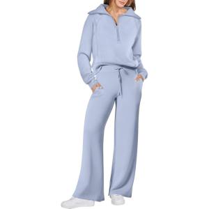 ANRABESS Women 2 Piece Outfits 2025 Fall Fashion Airport Wide Leg Pants Lounge Set Leisure Travel Vacation Clothes Sweatsuits(Dusty Blue)