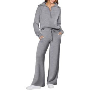 ANRABESS Women 2 Piece Outfits 2025 Fall Fashion Airport Wide Leg Pants Lounge Set Leisure Travel Vacation Clothes Sweatsuits(Grey)