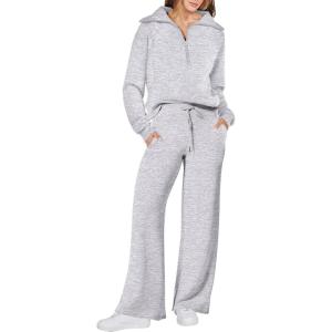 ANRABESS Women 2 Piece Outfits 2025 Fall Fashion Airport Wide Leg Pants Lounge Set Leisure Travel Vacation Clothes Sweatsuits(Light Grey)