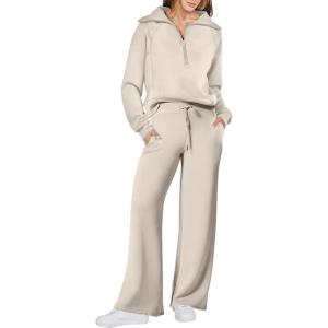 ANRABESS Women 2 Piece Outfits 2025 Fall Fashion Airport Wide Leg Pants Lounge Set Leisure Travel Vacation Clothes Sweatsuits(Light Khaki)