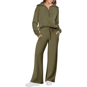 ANRABESS Women 2 Piece Outfits 2025 Fall Fashion Airport Wide Leg Pants Lounge Set Leisure Travel Vacation Clothes Sweatsuits(Olive)