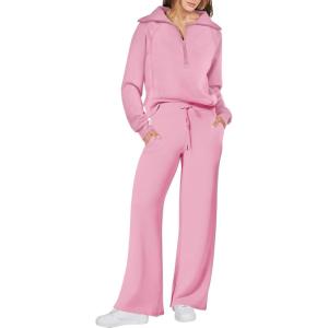 ANRABESS Women 2 Piece Outfits 2025 Fall Fashion Airport Wide Leg Pants Lounge Set Leisure Travel Vacation Clothes Sweatsuits(Pink)