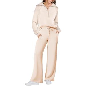 ANRABESS Women 2 Piece Outfits 2025 Fall Fashion Airport Wide Leg Pants Lounge Set Leisure Travel Vacation Clothes Sweatsuits(Pink Apricot)