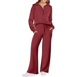 ANRABESS Women 2 Piece Outfits 2025 Fall Fashion Airport Wide Leg Pants Lounge Set Leisure Travel Vacation Clothes Sweatsuits(Red)