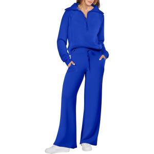 ANRABESS Women 2 Piece Outfits 2025 Fall Fashion Airport Wide Leg Pants Lounge Set Leisure Travel Vacation Clothes Sweatsuits(Royal Blue)