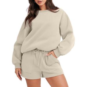 ANRABESS Women 2 Piece Outfits Sweat Shorts Sets 2025 Oversized Casual Lounge Matching Set Sweatsuit Tracksuit Fall Clothes(Almond)