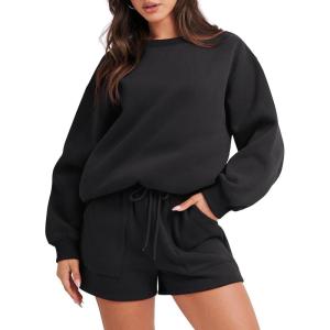 ANRABESS Women 2 Piece Outfits Sweat Shorts Sets 2025 Oversized Casual Lounge Matching Set Sweatsuit Tracksuit Fall Clothes(Black)