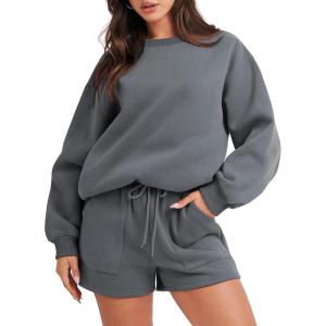 ANRABESS Women 2 Piece Outfits Sweat Shorts Sets 2025 Oversized Casual Lounge Matching Set Sweatsuit Tracksuit Fall Clothes(Dark Grey)
