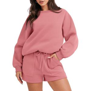 ANRABESS Women 2 Piece Outfits Sweat Shorts Sets 2025 Oversized Casual Lounge Matching Set Sweatsuit Tracksuit Fall Clothes(Dark Pink)