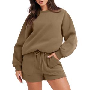 ANRABESS Women 2 Piece Outfits Sweat Shorts Sets 2025 Oversized Casual Lounge Matching Set Sweatsuit Tracksuit Fall Clothes(Light Brown)