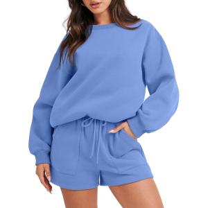 ANRABESS Women 2 Piece Outfits Sweat Shorts Sets 2025 Oversized Casual Lounge Matching Set Sweatsuit Tracksuit Fall Clothes(Sky)