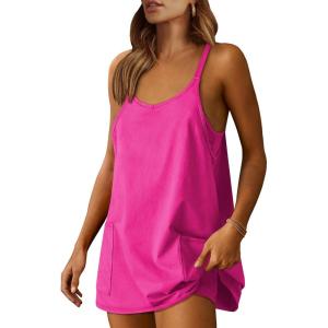 ANRABESS Women Athletic Dress Summer Tennis Workout Active Sports Mini Romper Dress Built in Shorts Travel Vacation Clothes(Hot Pink)