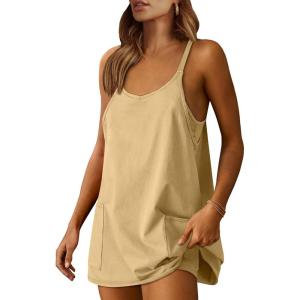 ANRABESS Women Athletic Dress Summer Tennis Workout Active Sports Mini Romper Dress Built in Shorts Travel Vacation Clothes(Light Yellow)