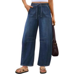 ANRABESS Women Barrel Jeans High Waisted Wide Leg Drawstring Denim Pants Y2K Baggy Loose Fit Trouser Jeans with Pockets(Dark Blue)