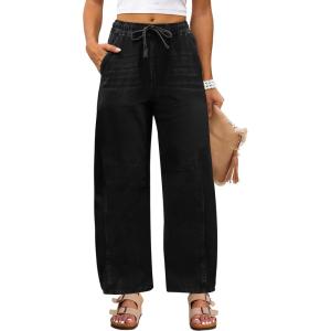 ANRABESS Women Barrel Jeans High Waisted Wide Leg Drawstring Denim Pants Y2K Baggy Loose Fit Trouser Jeans with Pockets(Faded Black)