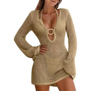 ANRABESS Women Beach Crochet Cover Ups Summer Knit Swimwear Mesh Bathing Suit Hollow Out Dress 2025 Vacation Swimsuit(Khaki)