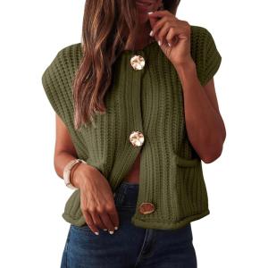 ANRABESS Women Chunky Knit Sweater Vest Button Down Casual Sleeveless Cardigan with Pockets Spring Trendy Outfits 2025(Army Green)