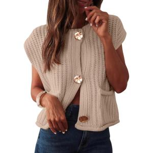 ANRABESS Women Chunky Knit Sweater Vest Button Down Casual Sleeveless Cardigan with Pockets Spring Trendy Outfits 2025(Beige)