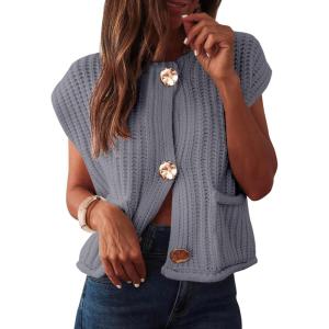 ANRABESS Women Chunky Knit Sweater Vest Button Down Casual Sleeveless Cardigan with Pockets Spring Trendy Outfits 2025(Gray)