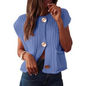 ANRABESS Women Chunky Knit Sweater Vest Button Down Casual Sleeveless Cardigan with Pockets Spring Trendy Outfits 2025(Light Blue)