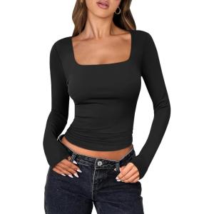 ANRABESS Women Double Lined Long Sleeve Crop Tops Shirts Square Neck Tight Fitted Going Out T-Shirt Basic Tee Outfits 2025(Black)