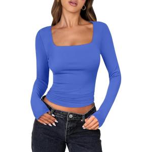 ANRABESS Women Double Lined Long Sleeve Crop Tops Shirts Square Neck Tight Fitted Going Out T-Shirt Basic Tee Outfits 2025(Blue)