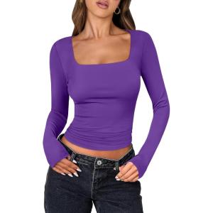 ANRABESS Women Double Lined Long Sleeve Crop Tops Shirts Square Neck Tight Fitted Going Out T-Shirt Basic Tee Outfits 2025(Bright Purple)