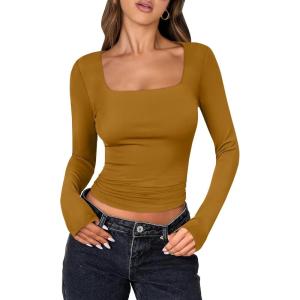 ANRABESS Women Double Lined Long Sleeve Crop Tops Shirts Square Neck Tight Fitted Going Out T-Shirt Basic Tee Outfits 2025(Caramel)