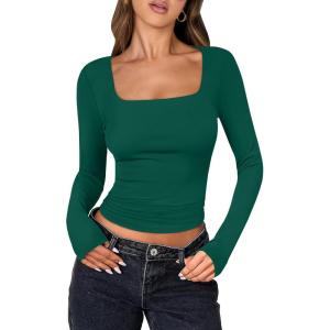 ANRABESS Women Double Lined Long Sleeve Crop Tops Shirts Square Neck Tight Fitted Going Out T-Shirt Basic Tee Outfits 2025(Forest Green)