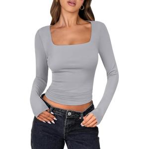 ANRABESS Women Double Lined Long Sleeve Crop Tops Shirts Square Neck Tight Fitted Going Out T-Shirt Basic Tee Outfits 2025(Grey)