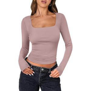 ANRABESS Women Double Lined Long Sleeve Crop Tops Shirts Square Neck Tight Fitted Going Out T-Shirt Basic Tee Outfits 2025(Grey Pink)