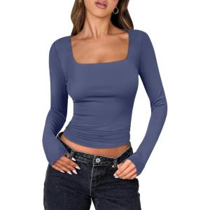 ANRABESS Women Double Lined Long Sleeve Crop Tops Shirts Square Neck Tight Fitted Going Out T-Shirt Basic Tee Outfits 2025(Haze Blue)