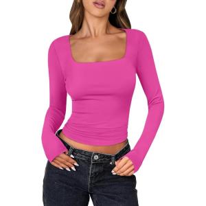 ANRABESS Women Double Lined Long Sleeve Crop Tops Shirts Square Neck Tight Fitted Going Out T-Shirt Basic Tee Outfits 2025(Hot Pink)