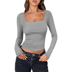 ANRABESS Women Double Lined Long Sleeve Crop Tops Shirts Square Neck Tight Fitted Going Out T-Shirt Basic Tee Outfits 2025(Light Gray)