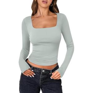 ANRABESS Women Double Lined Long Sleeve Crop Tops Shirts Square Neck Tight Fitted Going Out T-Shirt Basic Tee Outfits 2025(Light Green)