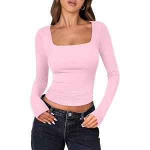 ANRABESS Women Double Lined Long Sleeve Crop Tops Shirts Square Neck Tight Fitted Going Out T-Shirt Basic Tee Outfits 2025(Light Pink)