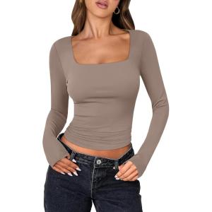 ANRABESS Women Double Lined Long Sleeve Crop Tops Shirts Square Neck Tight Fitted Going Out T-Shirt Basic Tee Outfits 2025(Light Tan Khaki)